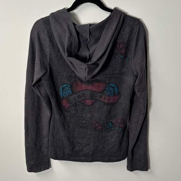 Y2K LIA LEE women's grey emo grunge rhinestone graphic sweater, L. - Picture 3 of 4